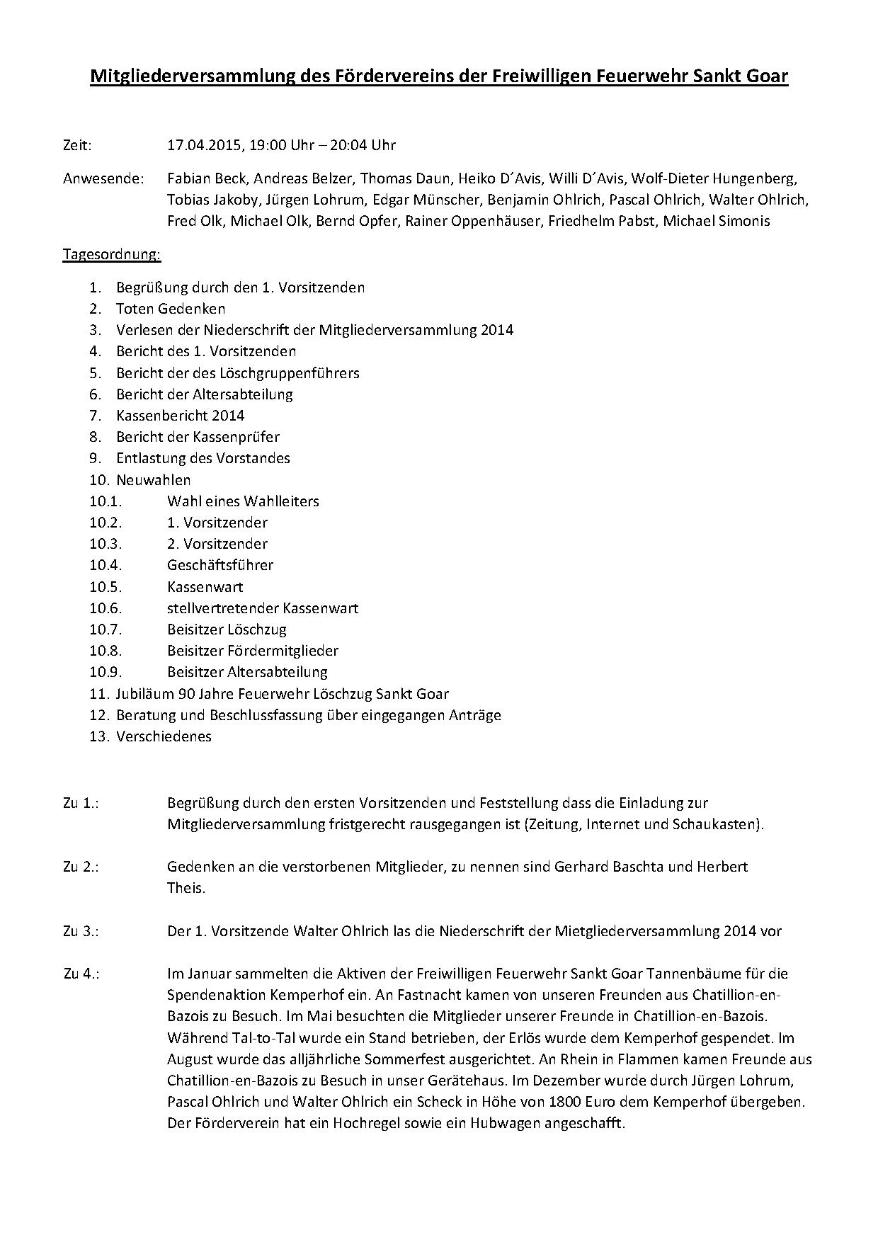 Mitgliederversammlung des Frdervereins der Freiwilligen Feuerwehr Sankt Goar